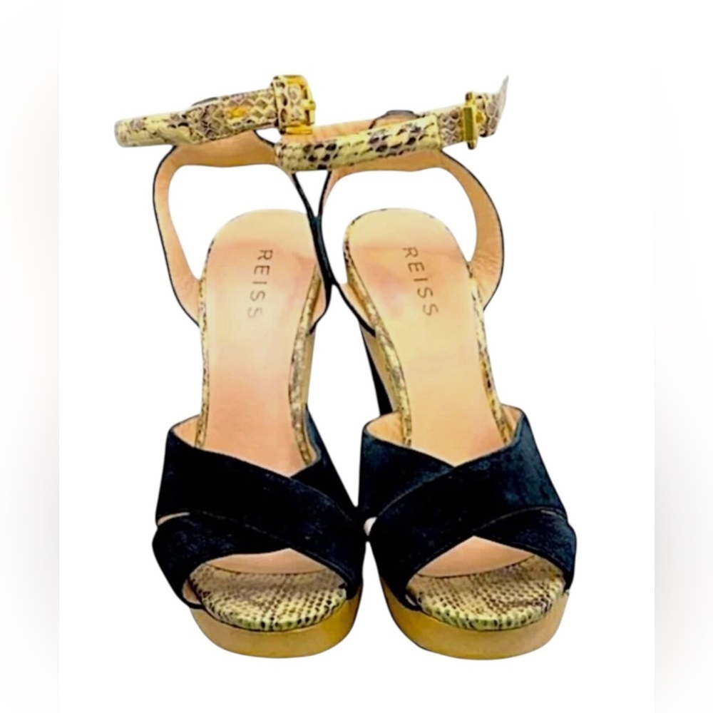 Reiss Black Open Toe Platform Suede/Snakeskin Heels Size 10